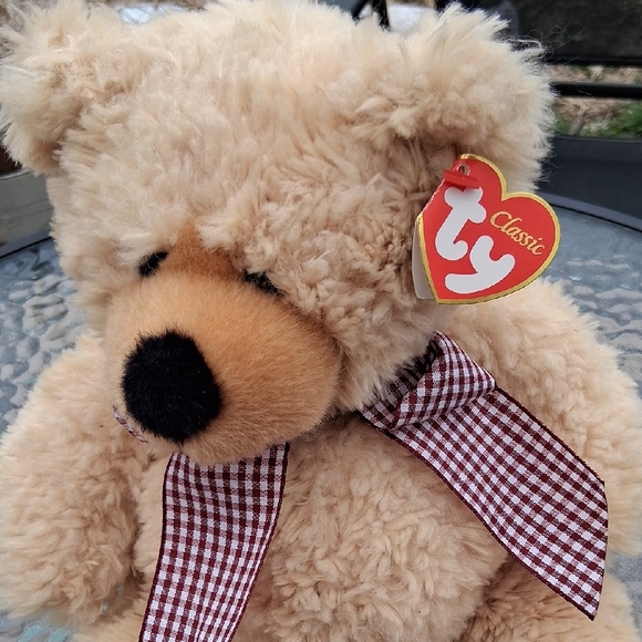 TY Classic Beige Plush Teddy Bear with Checkered Bow - Picture 3 of 8